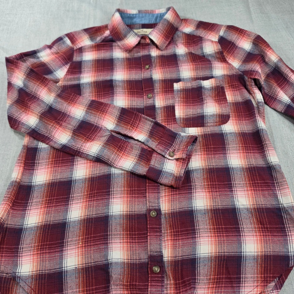 Hollister Flannel Shirt Women XS Burgundy Red Plaid Excellent Long Sleeve Button